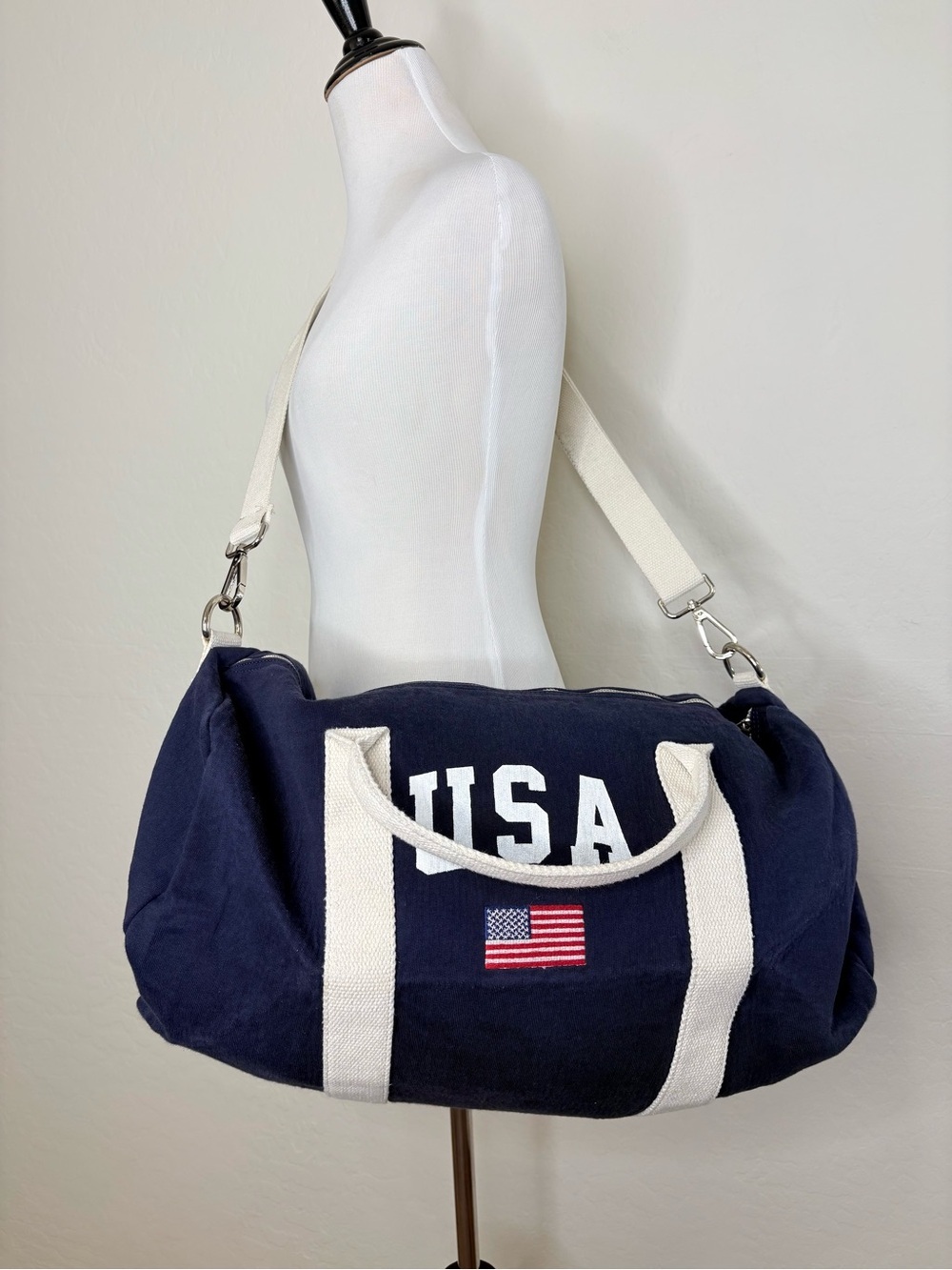 Brandy Melville J Galt USA Duffle Bag Navy Blue Embroidered Flag Canvas Rare